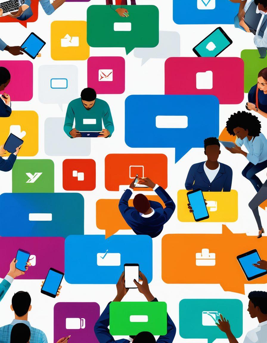 A diverse group of people engaged in a vibrant discussion, each showcasing different devices like smartphones and tablets, with visual representations of opt-out options (like checkboxes and toggle switches) floating around them. The scene should convey a sense of collaboration and technology, emphasizing clarity in communication. Use bright colors and an inviting atmosphere, with abstract icons symbolizing user satisfaction. super-realistic. vibrant colors. white background.