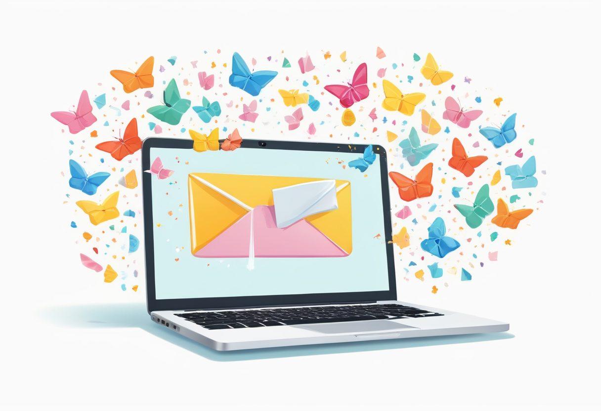 A colorful and whimsical illustration showing a joyful character happily hitting the 'unsubscribe' button on a laptop screen, surrounded by floating, cheerful email icons transforming into butterflies, symbolizing freedom and happiness. Soft pastel colors and cartoonish style to invoke a sense of fun and lightness. vector art. vibrant colors. white background.