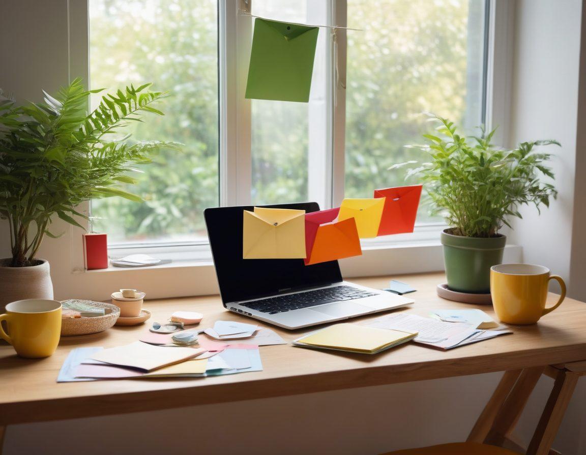 A peaceful individual sitting at a cozy workspace, joyfully organizing their email subscriptions on a laptop surrounded by calming plants and a cup of herbal tea. Colorful envelopes symbolizing various subscriptions float in the air, depicting a sense of liberation and happiness. Warm sunlight filters through a window, creating a serene atmosphere. soft focus, bright colors, minimalistic style.